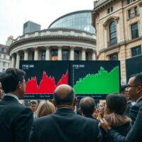 Investors monitoring FTSE 100 and semiconductor index charts on digital screen in London financial district