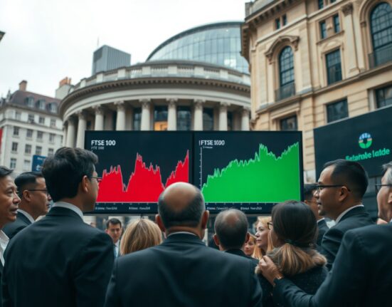 Investors monitoring FTSE 100 and semiconductor index charts on digital screen in London financial district