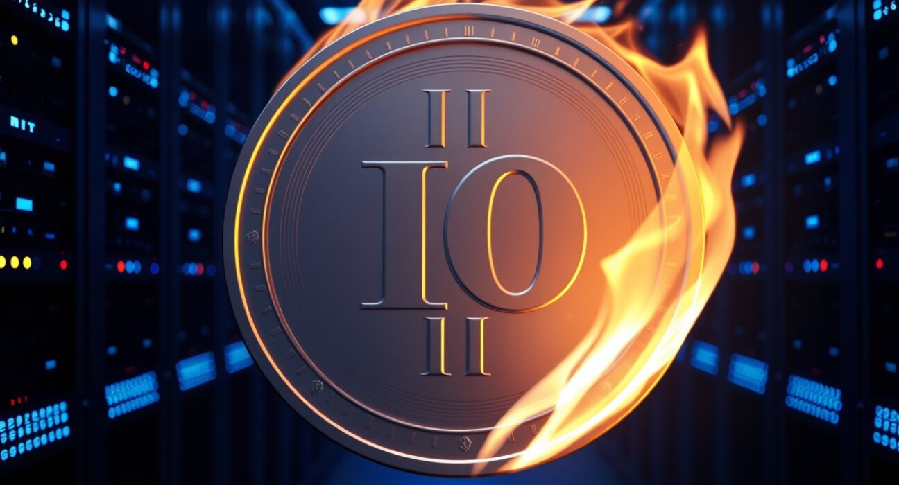 IO token partially consumed by digital flame in a high-tech server room, representing a token burn event.