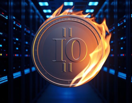 IO token partially consumed by digital flame in a high-tech server room, representing a token burn event.