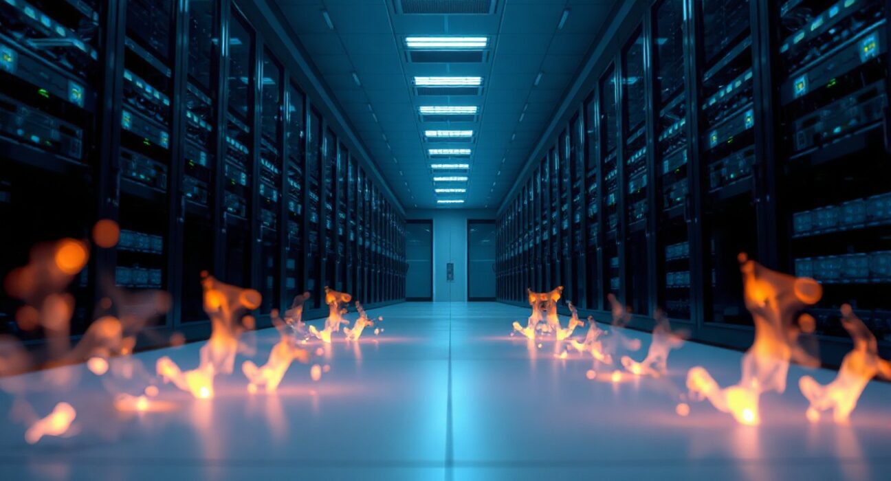Futuristic data center interior with glowing servers representing io.net's token burn announcement