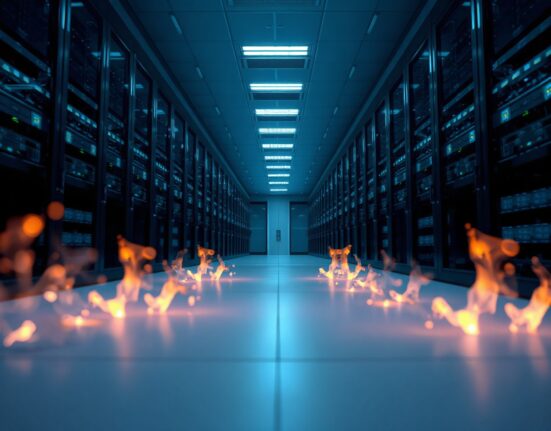 Futuristic data center interior with glowing servers representing io.net's token burn announcement
