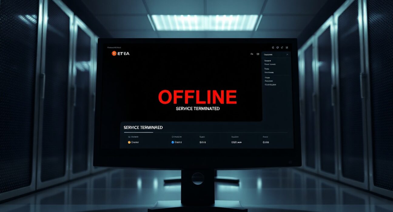 Digital dashboard showing a service terminated status, representing the permanent shutdown of DeFi protocol Ionic after a security hack.