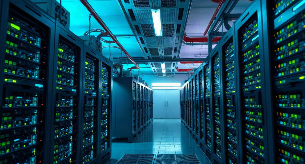 Rows of Bitcoin mining rigs in a modern facility, illustrating Ionic Digital's operations.