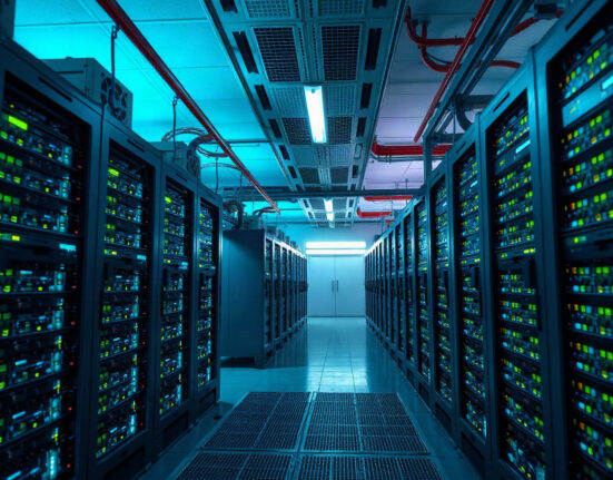 Rows of Bitcoin mining rigs in a modern facility, illustrating Ionic Digital's operations.