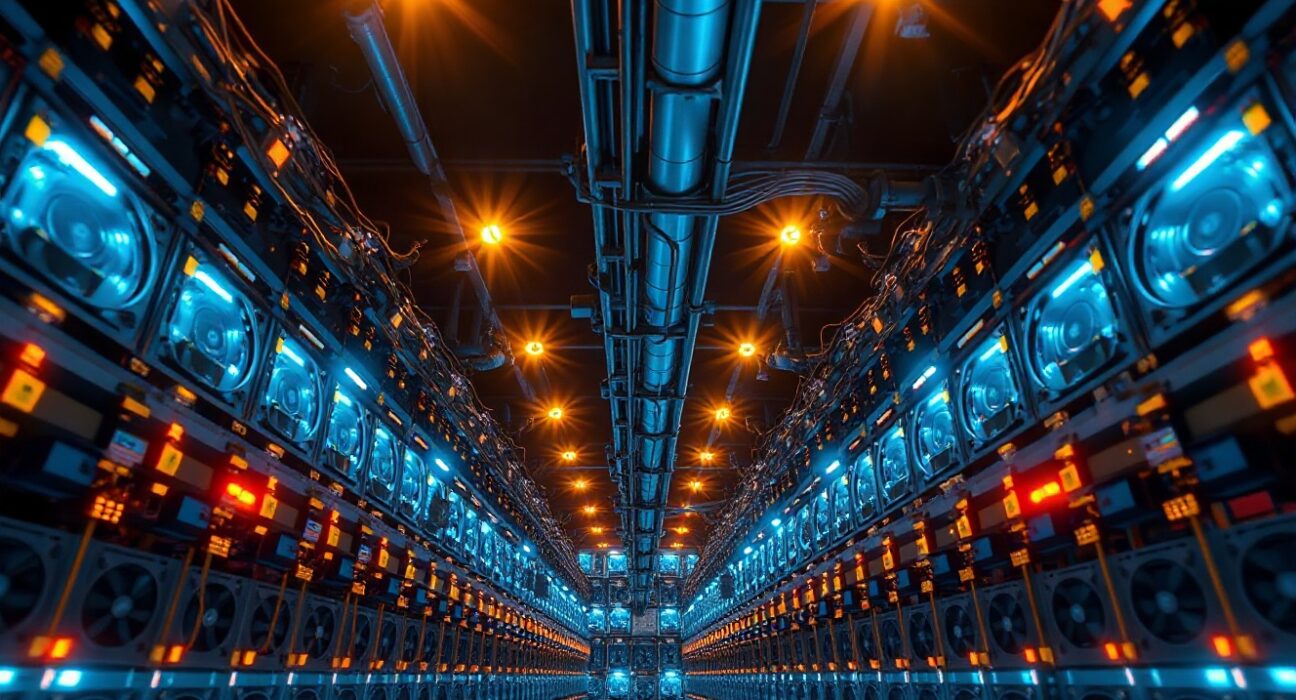 Interior view of a large Bitcoin mining facility with rows of mining rigs operating at night
