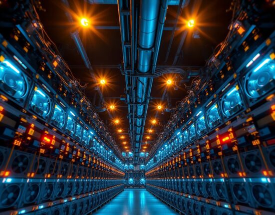 Interior view of a large Bitcoin mining facility with rows of mining rigs operating at night