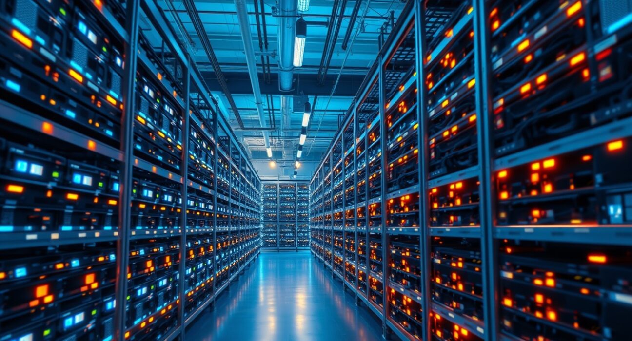 Interior of a Bitcoin mining facility with rows of mining rigs illuminated by blue and orange lights