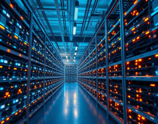 Interior of a Bitcoin mining facility with rows of mining rigs illuminated by blue and orange lights