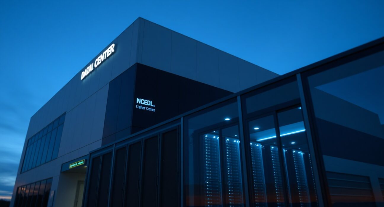 Modern data center exterior at dusk representing Ionic Digital's pivot to AI and HPC infrastructure