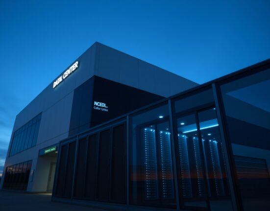 Modern data center exterior at dusk representing Ionic Digital's pivot to AI and HPC infrastructure