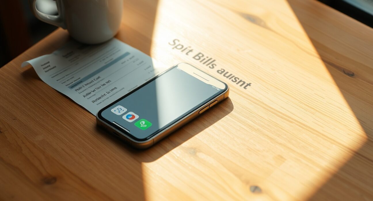 iPhone on a cafe table displaying a split bill feature using Apple Intelligence in iOS 27