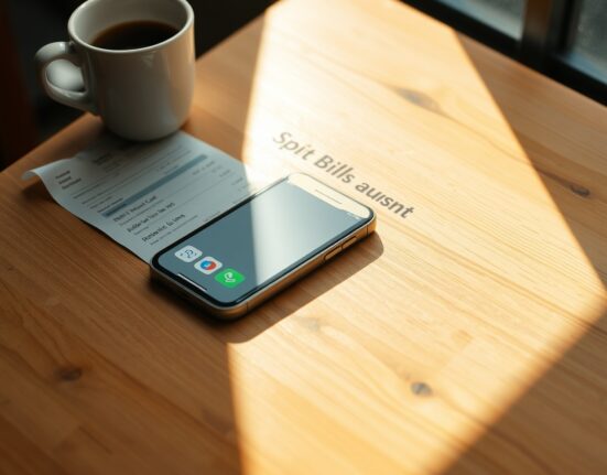 iPhone on a cafe table displaying a split bill feature using Apple Intelligence in iOS 27