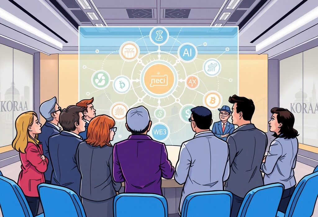A vibrant cartoon illustration of industry leaders discussing the future of Web3 super-apps at the IOSG Ventures Old Friends Reunion.