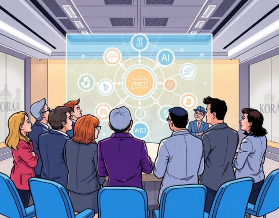 A vibrant cartoon illustration of industry leaders discussing the future of Web3 super-apps at the IOSG Ventures Old Friends Reunion.