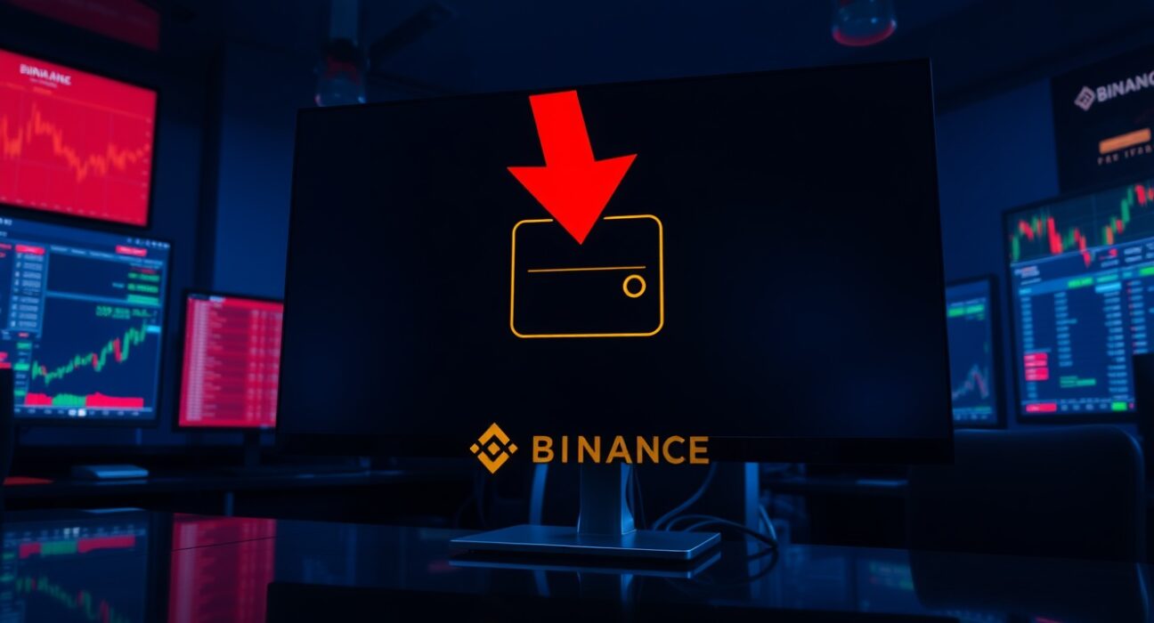 A digital wallet icon with a red downward arrow on a cryptocurrency exchange screen, representing a large deposit and potential sell-off.