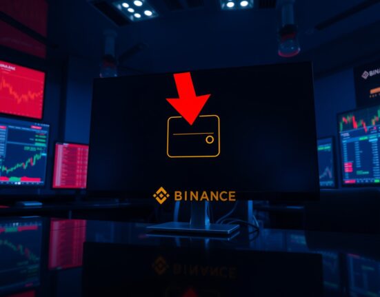 A digital wallet icon with a red downward arrow on a cryptocurrency exchange screen, representing a large deposit and potential sell-off.