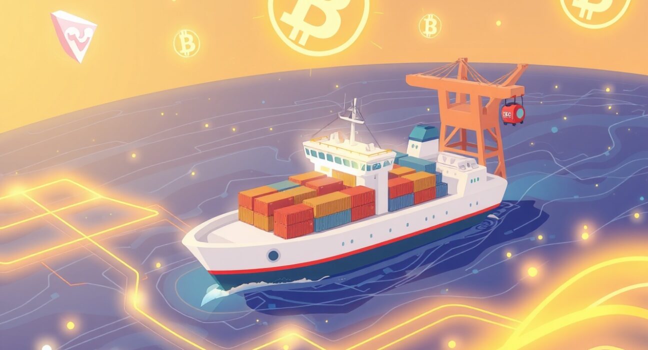 IOTA blockchain digitalizing global trade with a futuristic cargo ship on a data stream ocean.