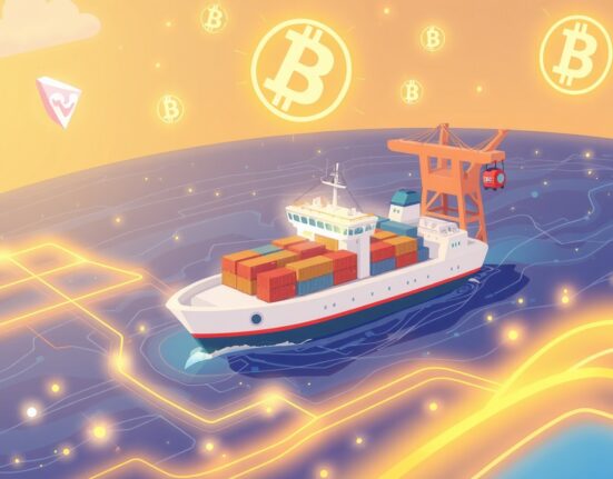 IOTA blockchain digitalizing global trade with a futuristic cargo ship on a data stream ocean.