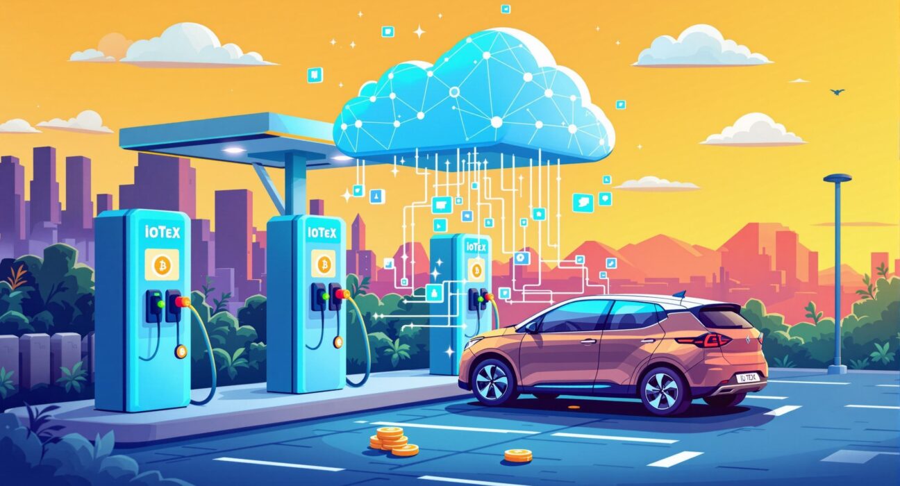 A cartoon illustration showing the tokenization of EV infrastructure, with IoTeX EV tokenization driving innovation.