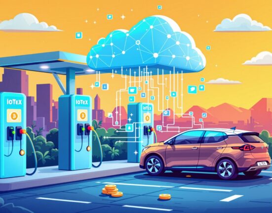 A cartoon illustration showing the tokenization of EV infrastructure, with IoTeX EV tokenization driving innovation.