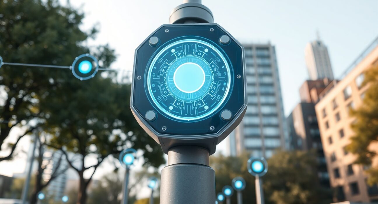 IoTeX network concept showing a smart sensor node in a connected city, representing IOTX's role in the Internet of Things.