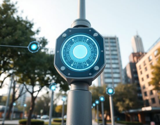 IoTeX network concept showing a smart sensor node in a connected city, representing IOTX's role in the Internet of Things.