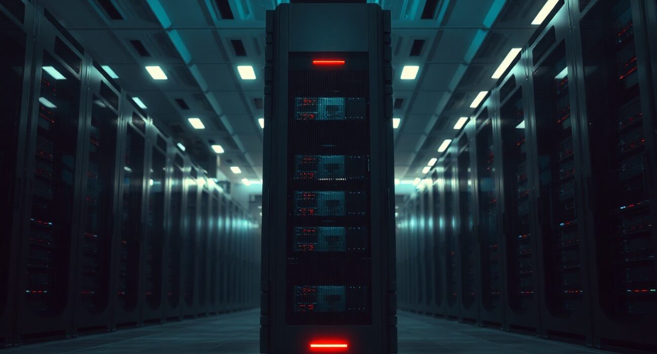 Server rack with red warning light in a dim data center indicating a network outage