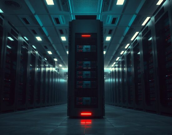 Server rack with red warning light in a dim data center indicating a network outage