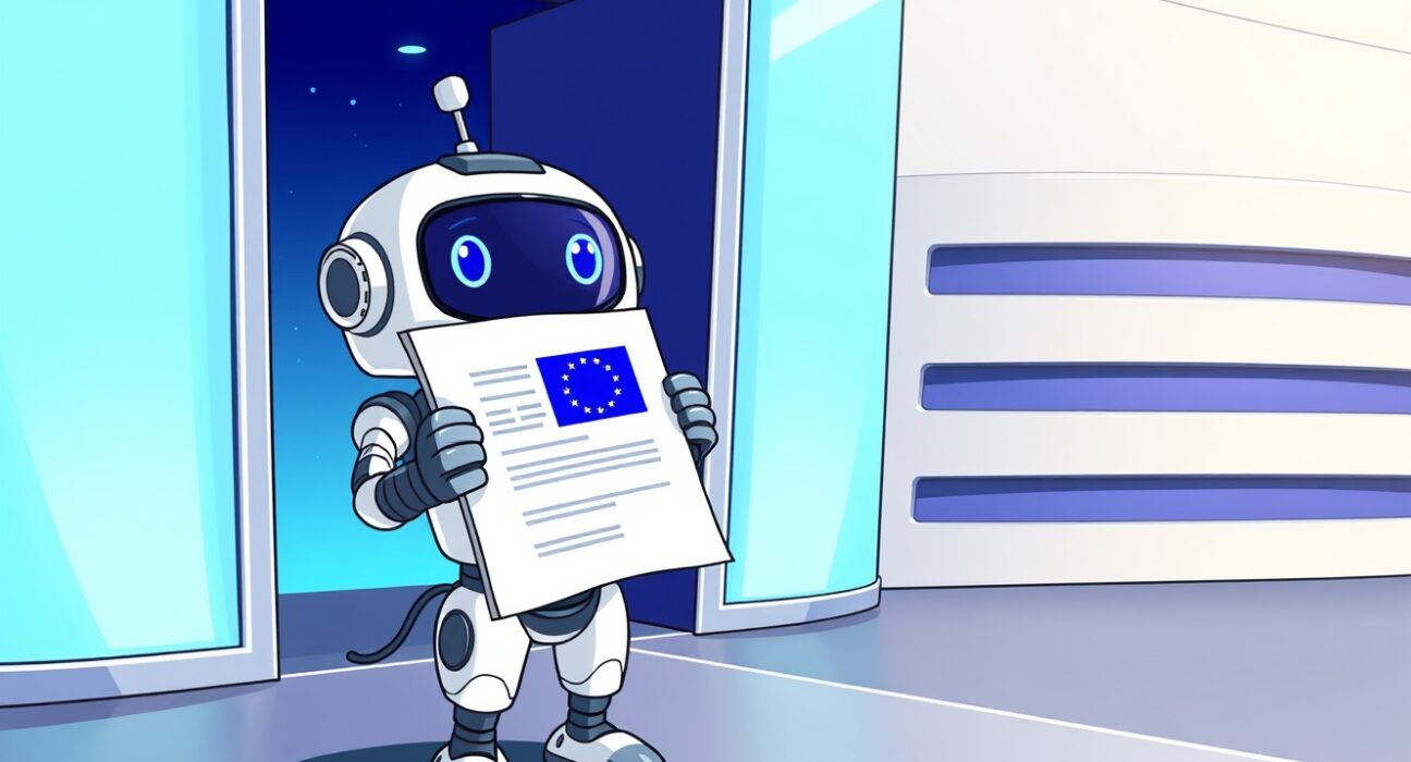 IoTeX robot presenting its MiCA-compliant white paper for EU regulatory approval.