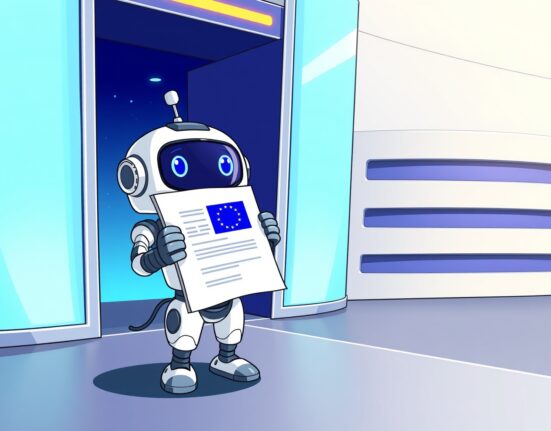 IoTeX robot presenting its MiCA-compliant white paper for EU regulatory approval.