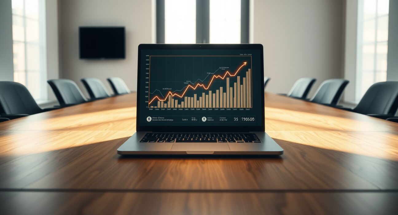 Boardroom scene with blockchain network and trading charts on a laptop, representing IOTrader's strategic funding round