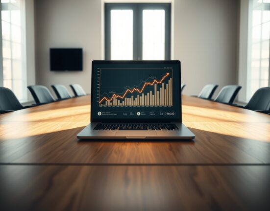 Boardroom scene with blockchain network and trading charts on a laptop, representing IOTrader's strategic funding round