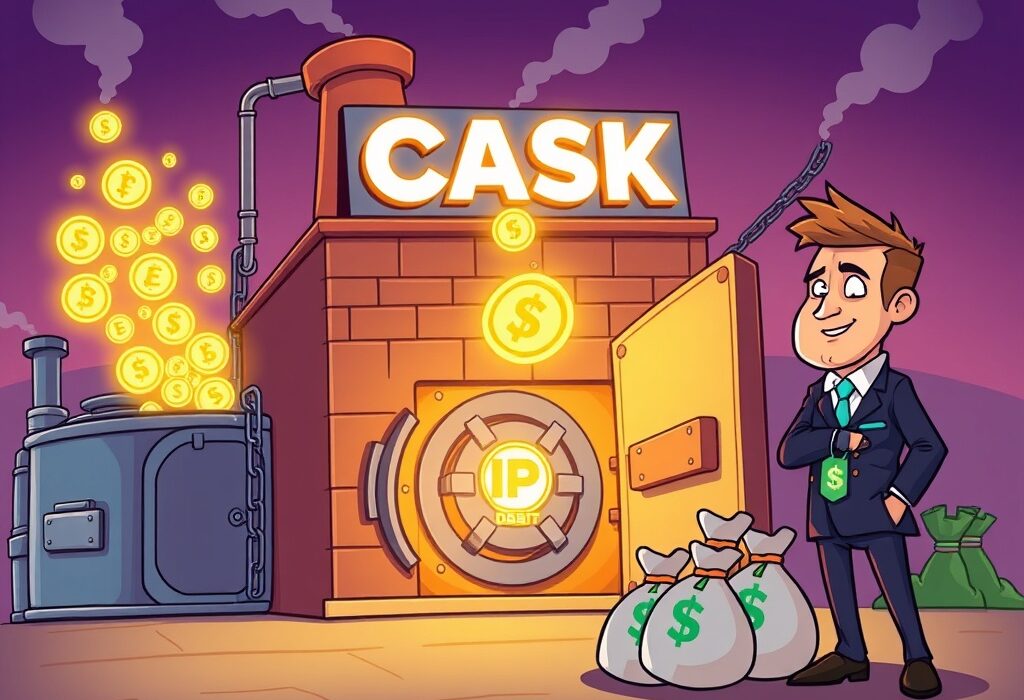 A cartoon image illustrating Heritage Distilling's financial transformation through IP tokens, showing debt being cleared and new digital assets flowing in.