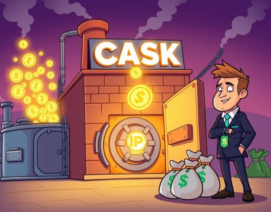 A cartoon image illustrating Heritage Distilling's financial transformation through IP tokens, showing debt being cleared and new digital assets flowing in.