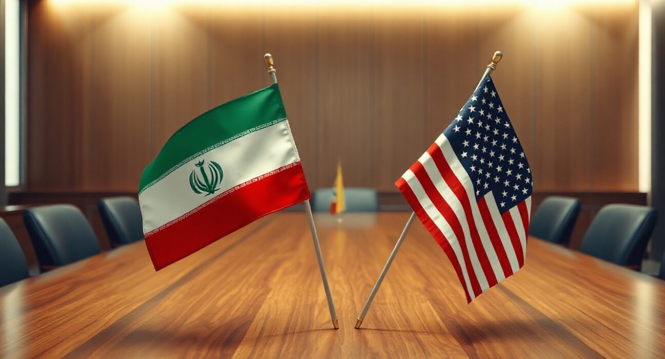 Iranian and US flags on a conference table representing diplomatic negotiations