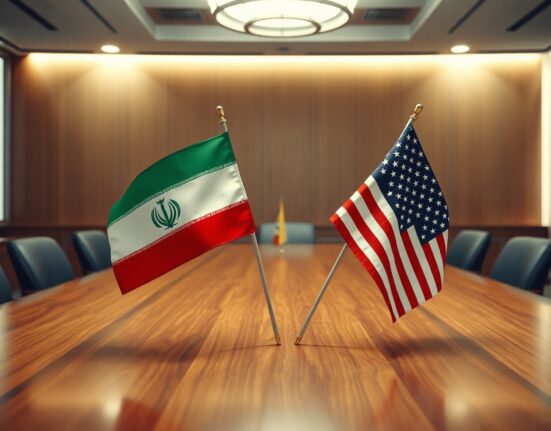 Iranian and US flags on a conference table representing diplomatic negotiations