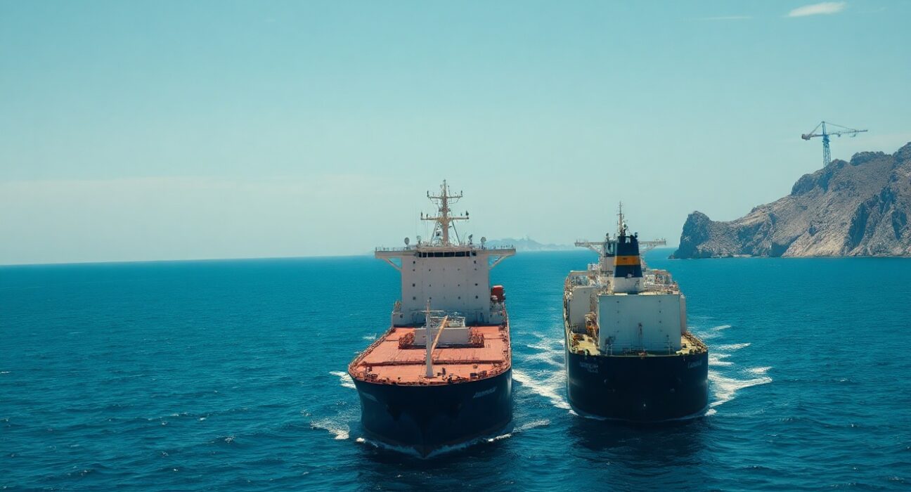Cargo ship and oil tanker navigating the Strait of Hormuz near the Iranian coastline.