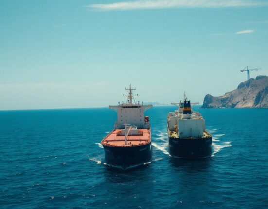 Cargo ship and oil tanker navigating the Strait of Hormuz near the Iranian coastline.