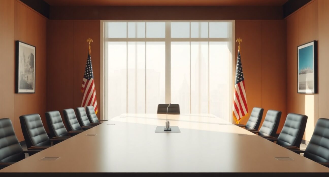 Diplomatic meeting room with flags of Iran and the United States