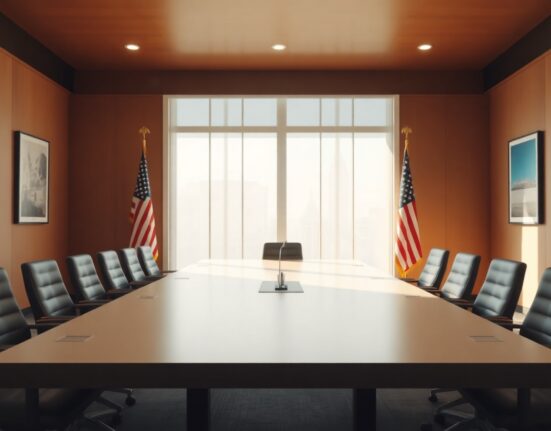Diplomatic meeting room with flags of Iran and the United States