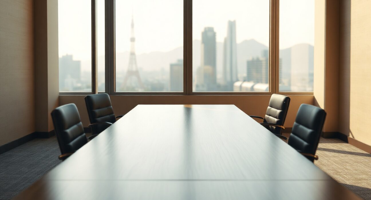Empty chairs at a formal meeting table symbolizing stalled US-Iran ceasefire talks