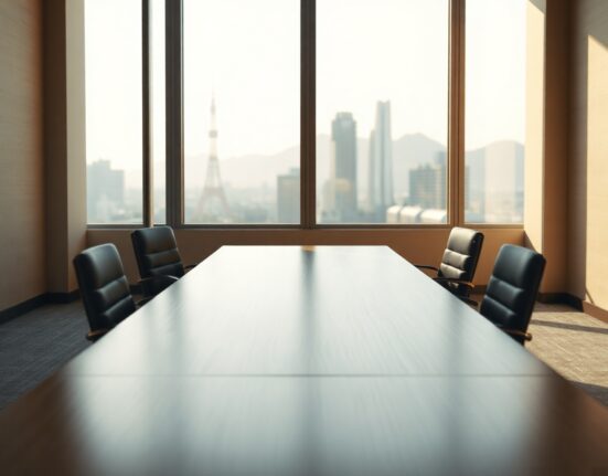 Empty chairs at a formal meeting table symbolizing stalled US-Iran ceasefire talks