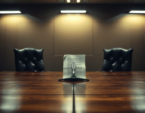 A tense diplomatic scene with an empty table and a torn document, symbolizing a broken ceasefire agreement.