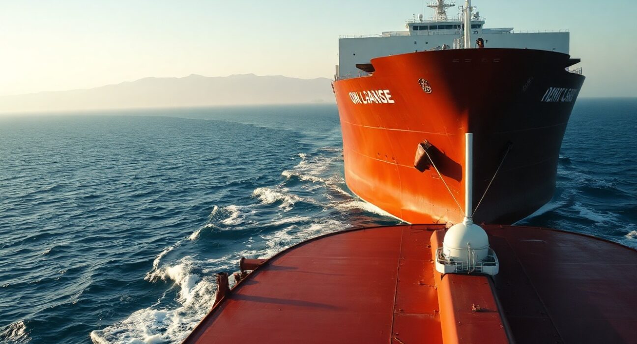 A large oil tanker navigating the Strait of Hormuz near the Iranian coast.