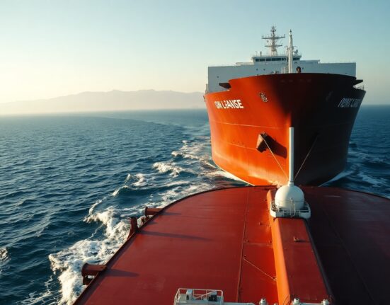 A large oil tanker navigating the Strait of Hormuz near the Iranian coast.