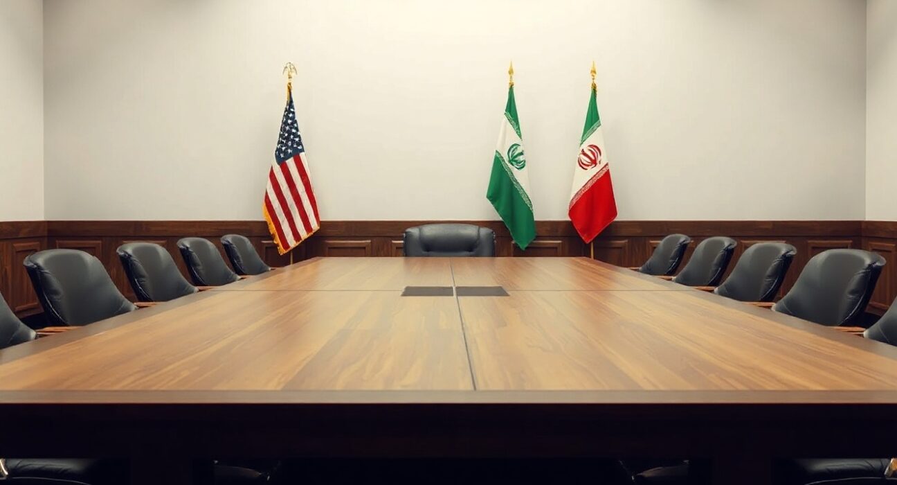 Diplomatic setting with American and Iranian flags in a conference room, signaling final stages of negotiations.