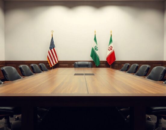 Diplomatic setting with American and Iranian flags in a conference room, signaling final stages of negotiations.