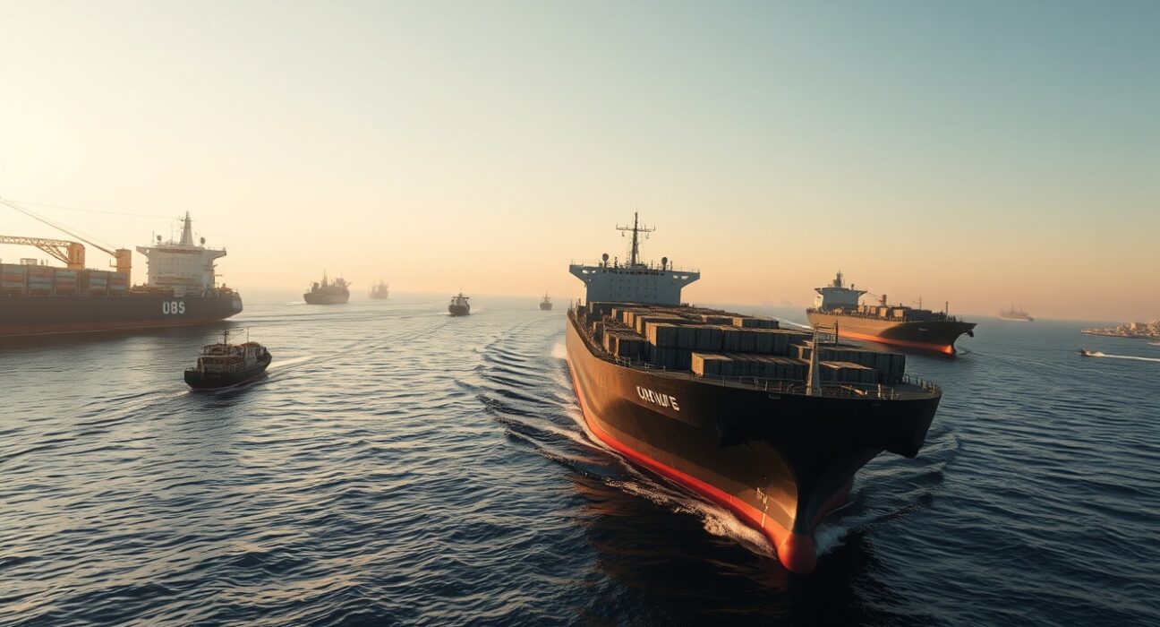 Cargo ships and oil tankers in the Strait of Hormuz at dawn, highlighting a strategic maritime chokepoint.