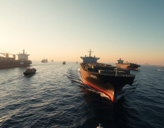 Cargo ships and oil tankers in the Strait of Hormuz at dawn, highlighting a strategic maritime chokepoint.